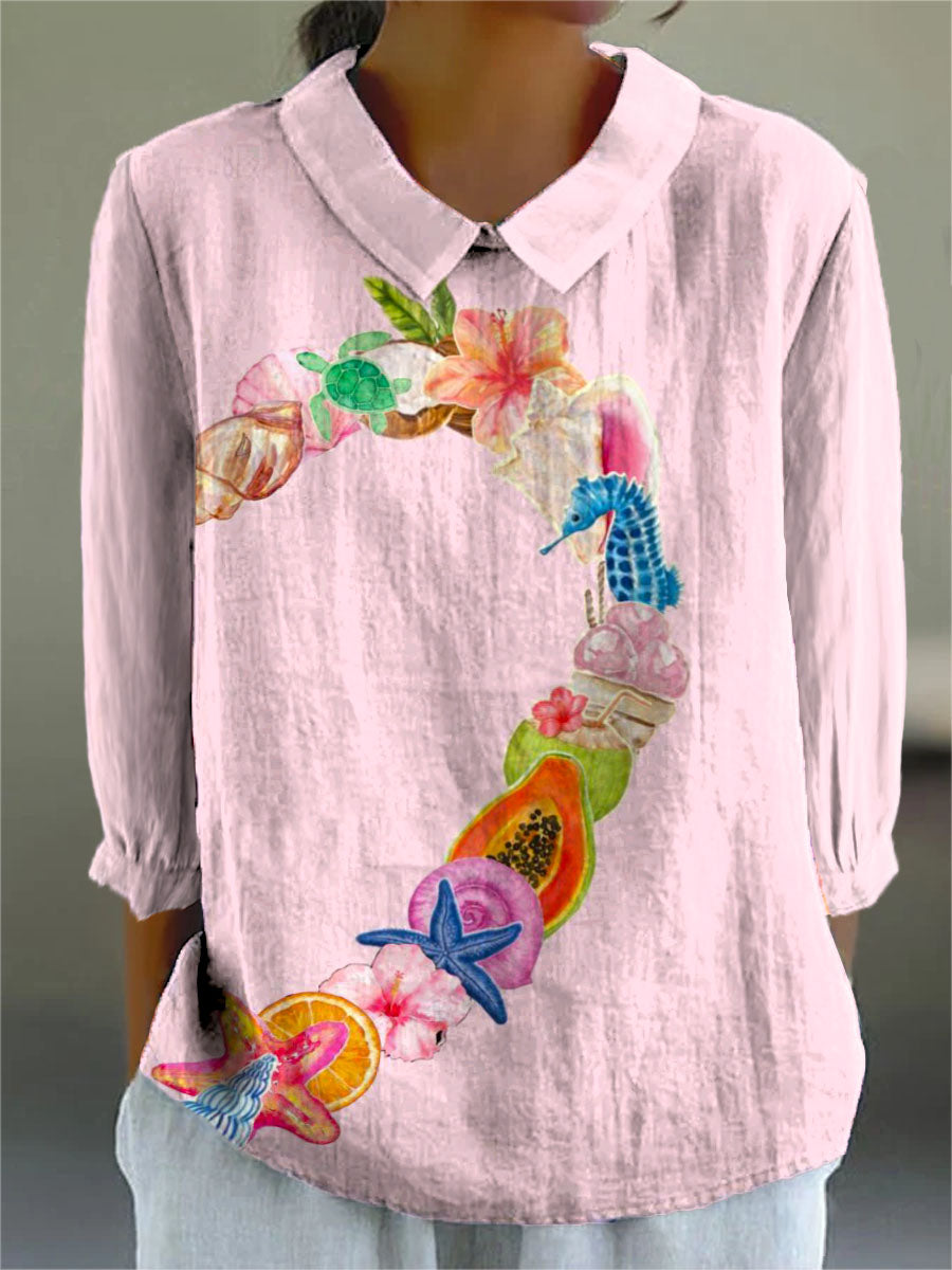 Women's Pink Ocean Print Casual 3/4 Sleeve Shirt