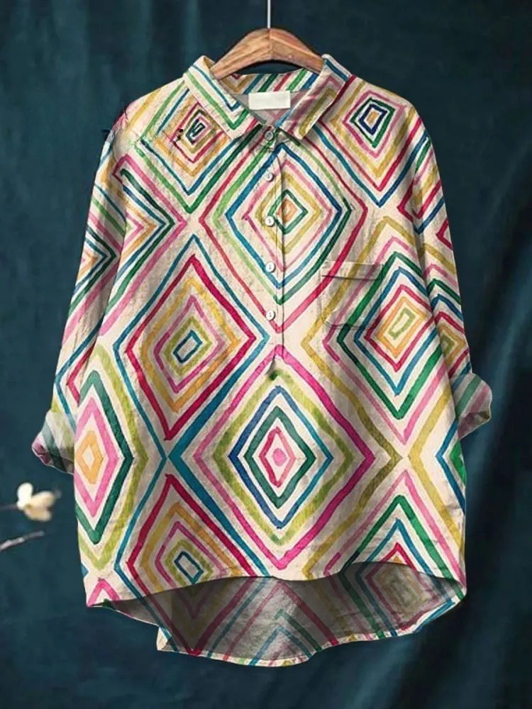 Women's  BOHO Art Print Casual Cotton And Linen Shirt