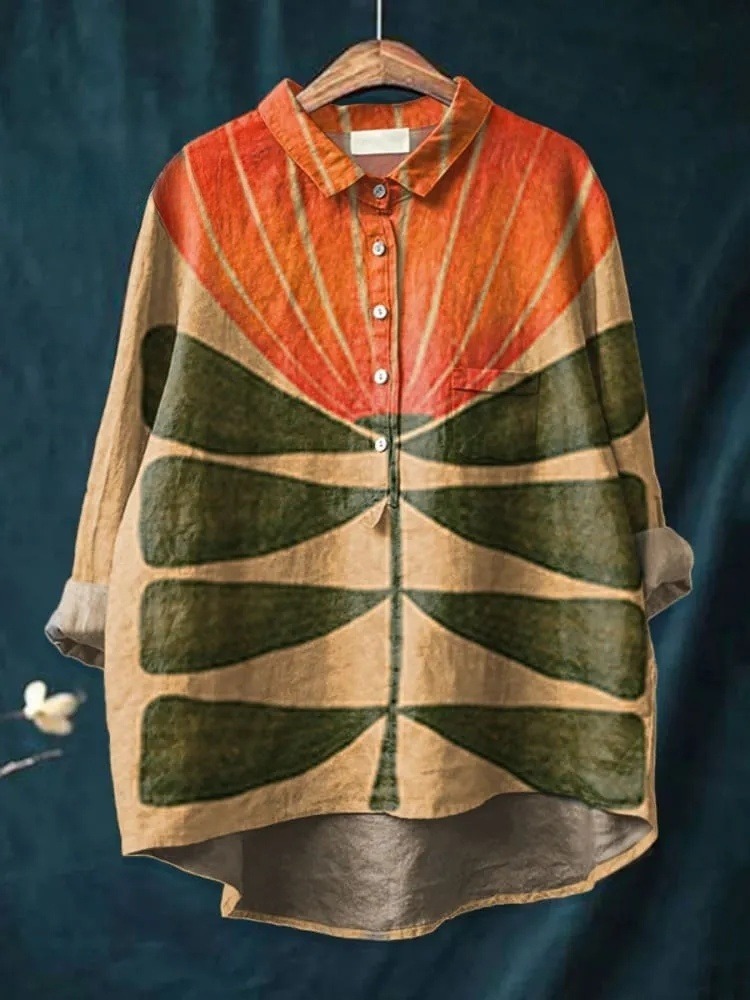 Women's  BOHO Art Print Casual Cotton And Linen Shirt