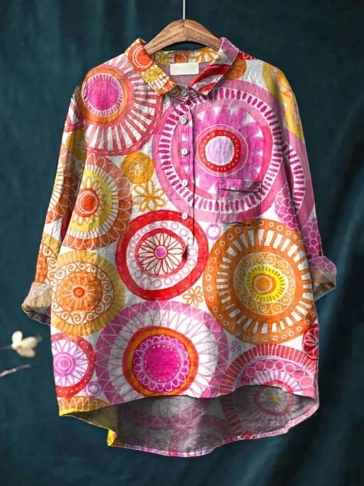 Women's  BOHO Art Print Casual Cotton And Linen Shirt
