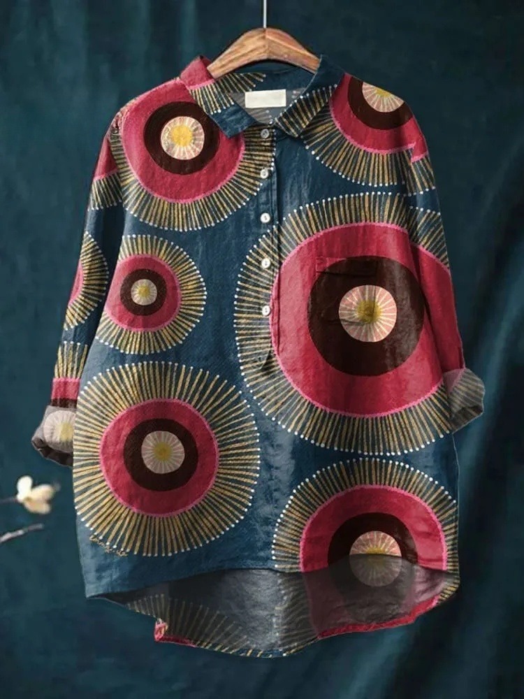 Women's  BOHO Art Print Casual Cotton And Linen Shirt