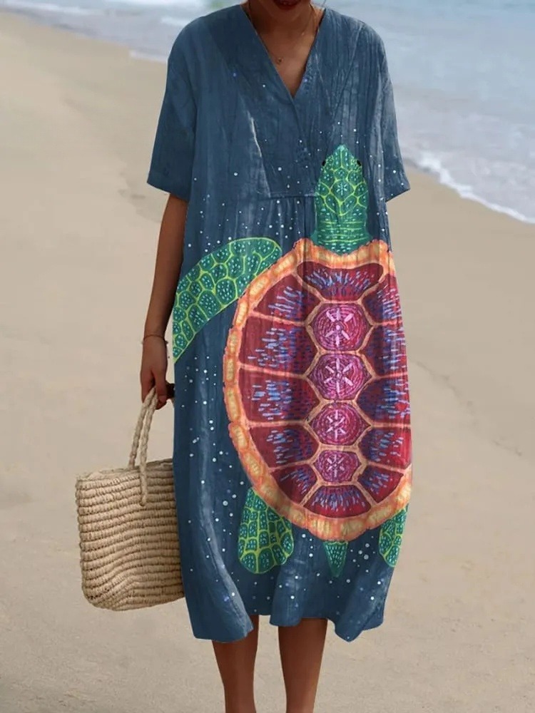Women's  Sea Turtle  Art Print Flowy Casual Dress