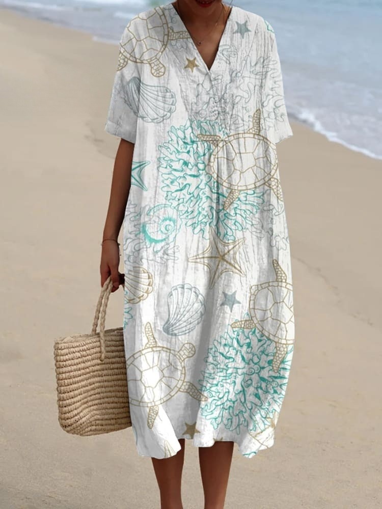 Women's Sea Turtle Art Print Flowy Casual Dress