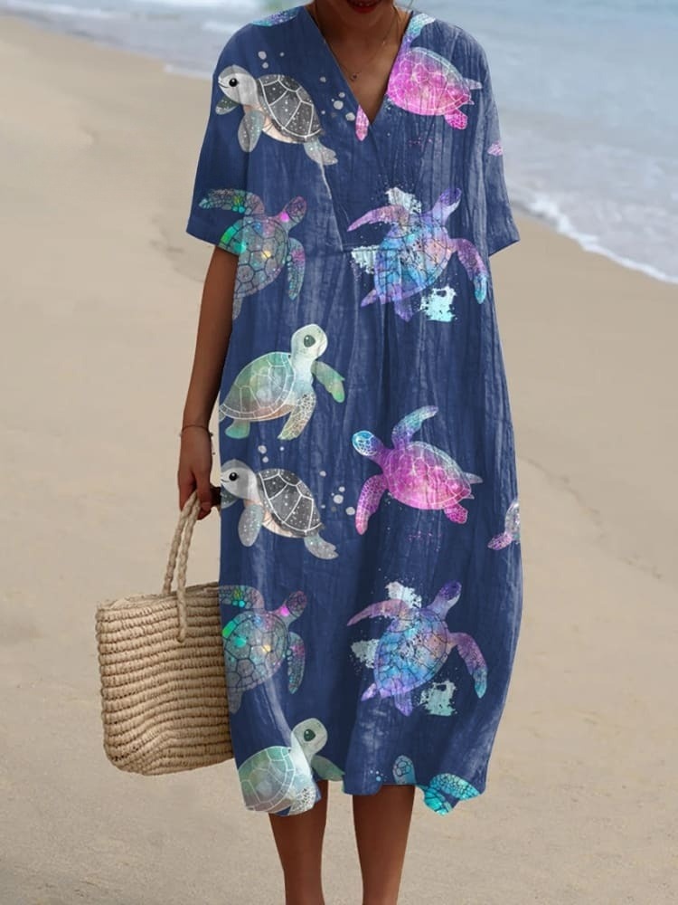 Women's Sea Turtle Art Print Flowy Casual Dress