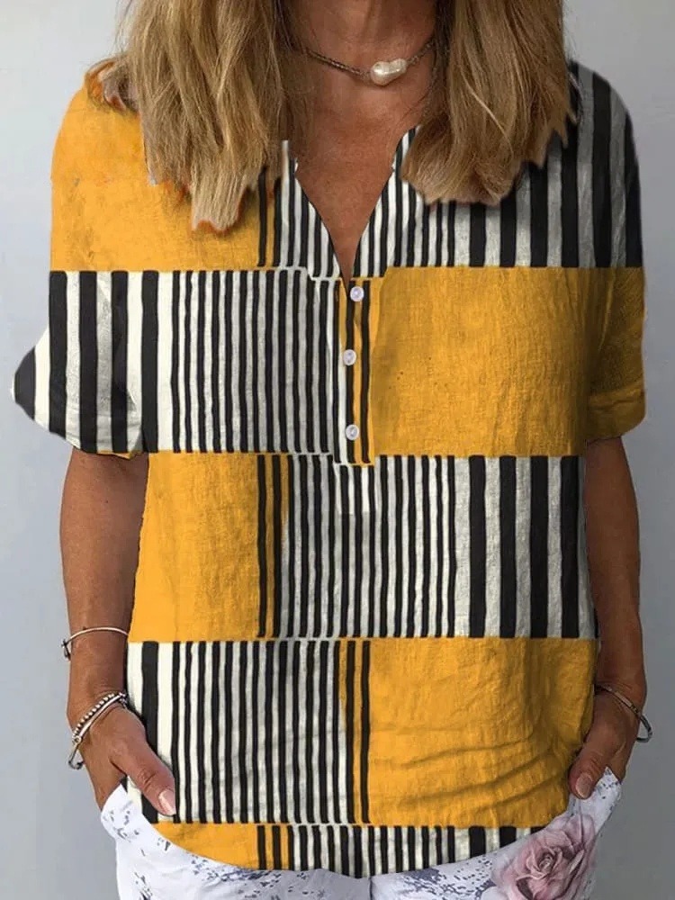 Women's Vintage  Geometry Art Print Casual Linen Shirt