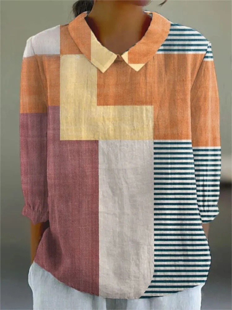 Women's Vintage Abstract Geometry Art Print Casual 3/4 Sleeve Shirt