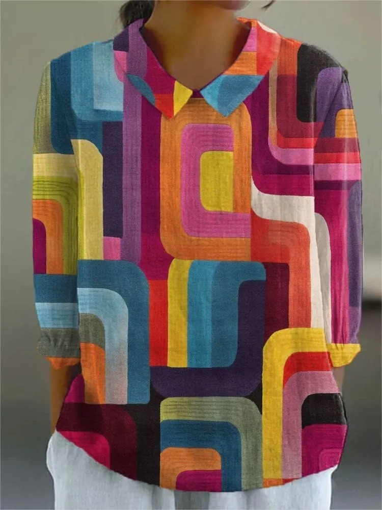 Women's Vintage Abstract Geometry Art Print Casual 3/4 Sleeve Shirt