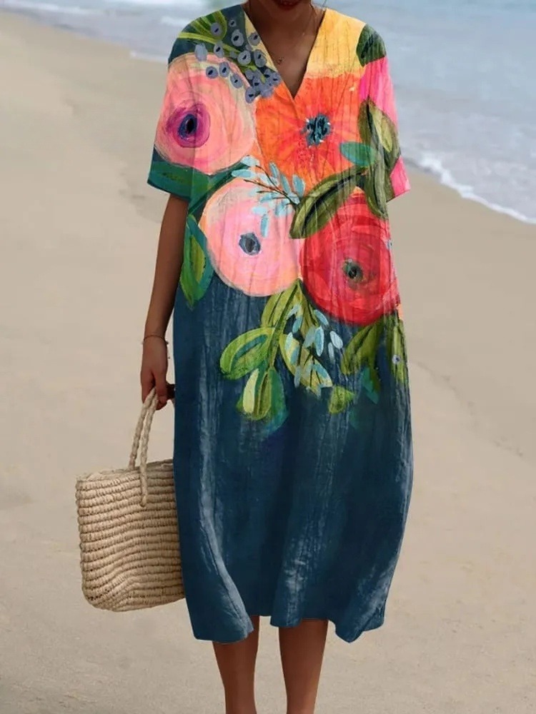 Women's  Vintage Flowers Art Print Casual V-neck Shirt