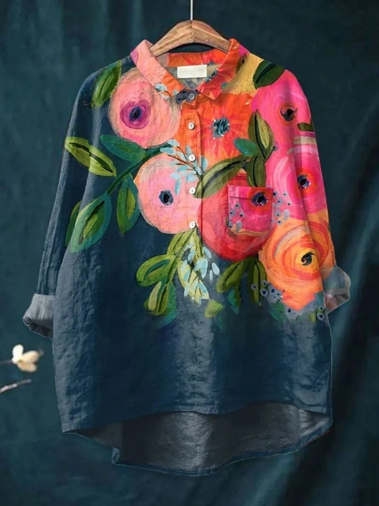 Women's  Vintage Flowers Art Print Casual V-neck Shirt