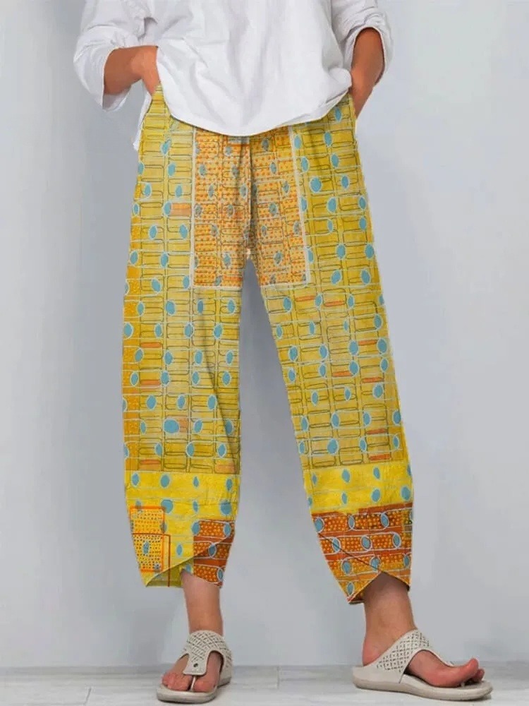 Women's Vintage Abstract Geometric Art Print Cotton And Linen Casual Pants