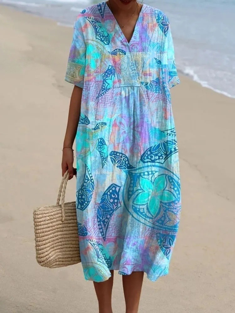 Women's Leisure Vacation Vintage Turtle Art Print Flowy Dress