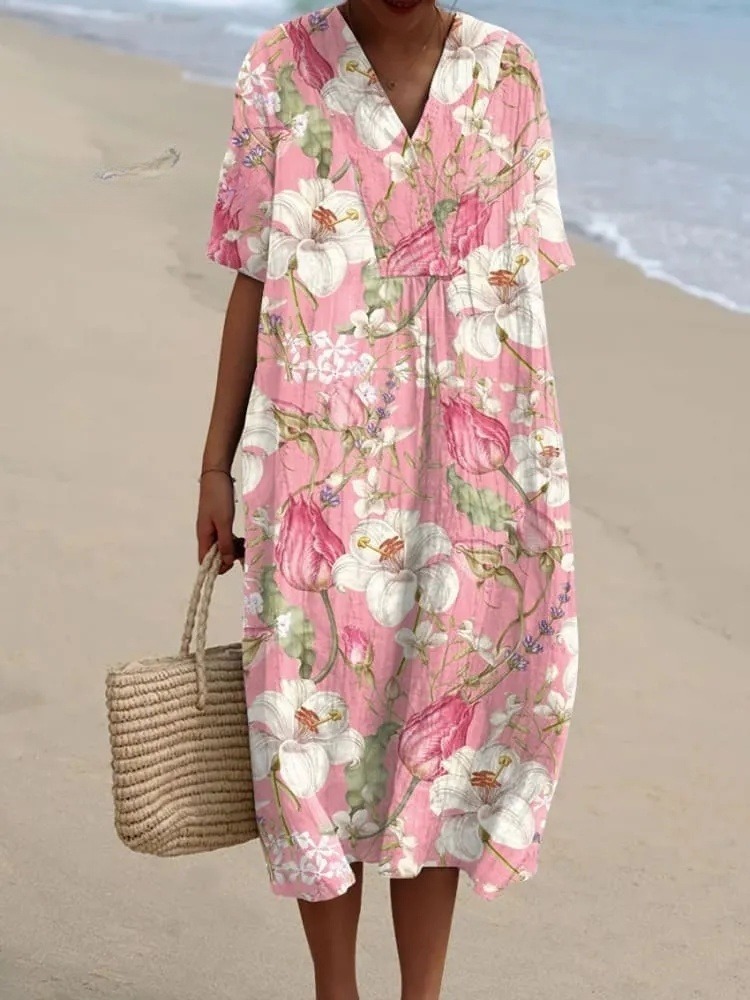 Women's  Vintage Floral Art Print Casual V-neck Shirt