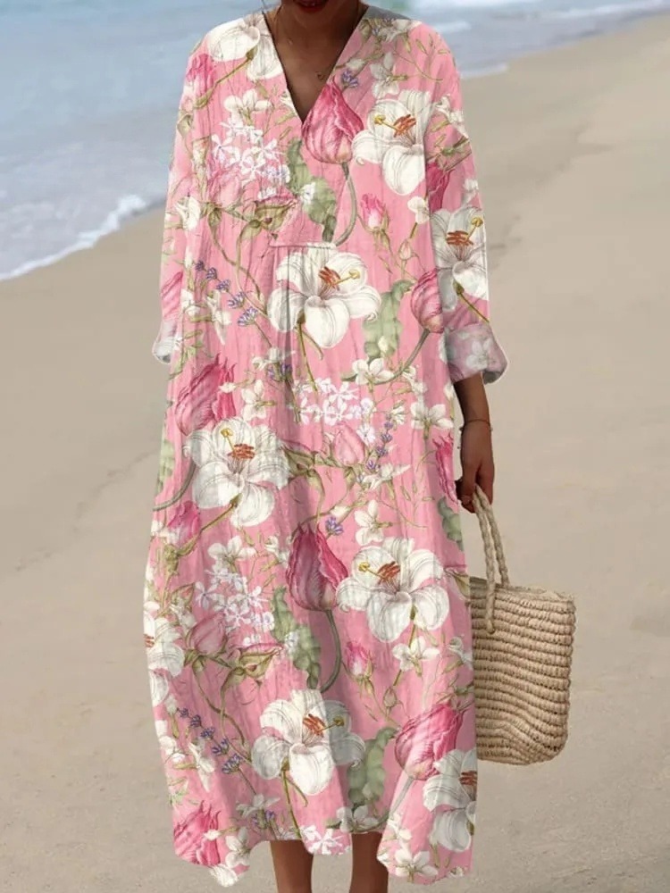 Women's  Vintage Floral Art Print Casual V-neck Shirt