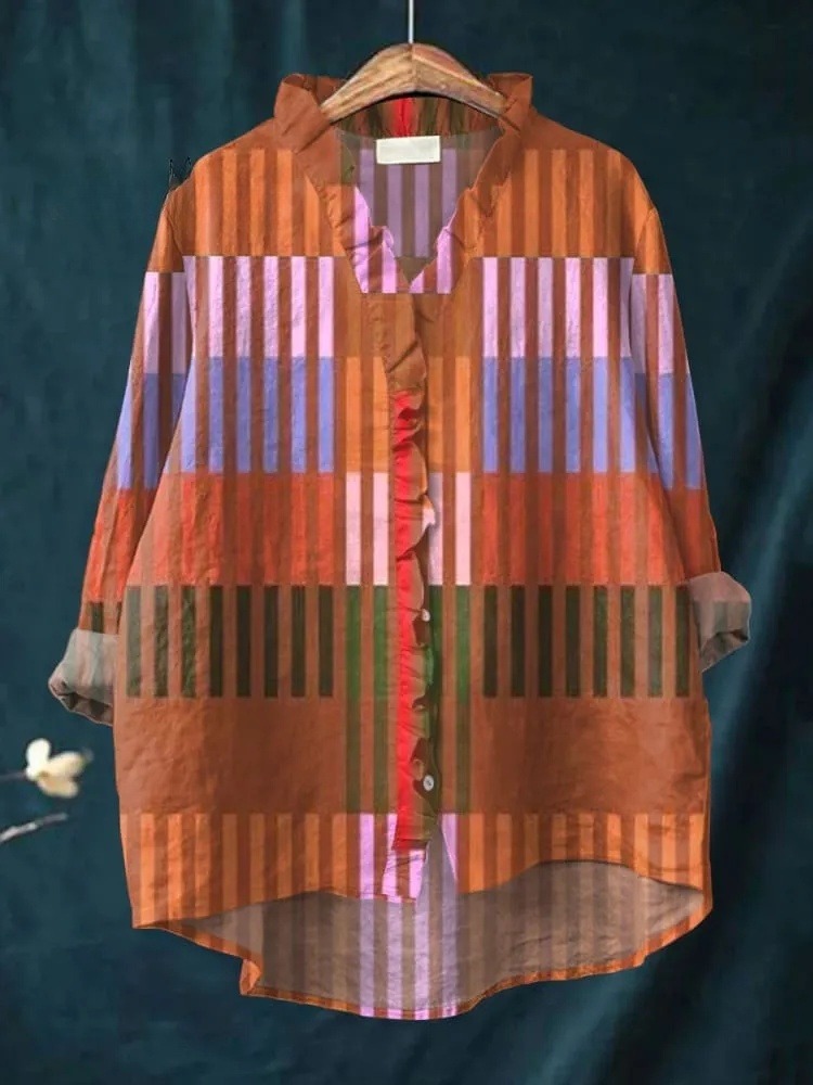 Women's Vintage Abstract Geometric Art Print Casual Ruffle Shirt