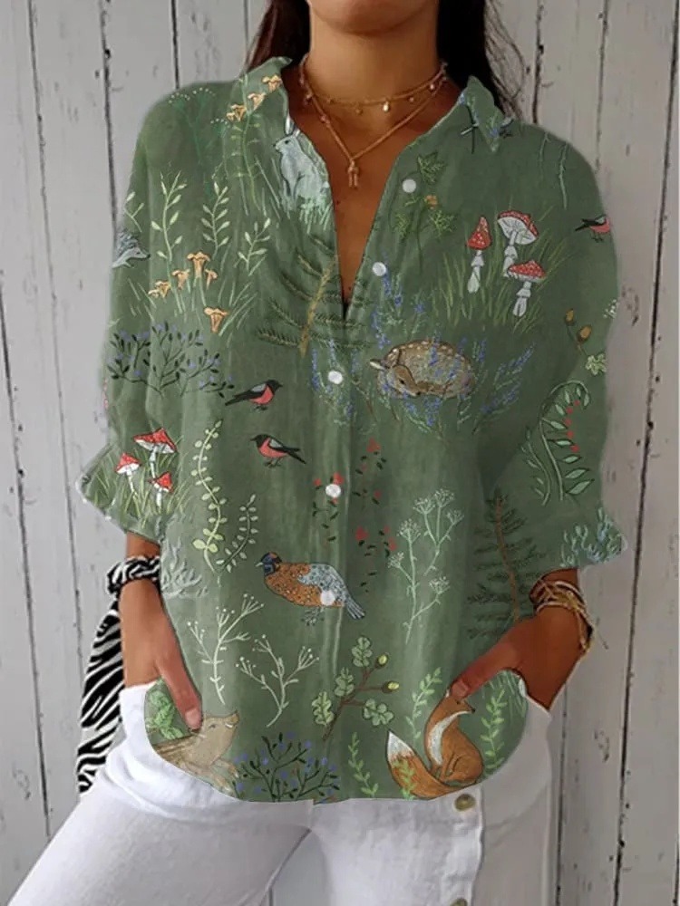 Women's  Vintage Floral Art Print Casual V-neck Shirt