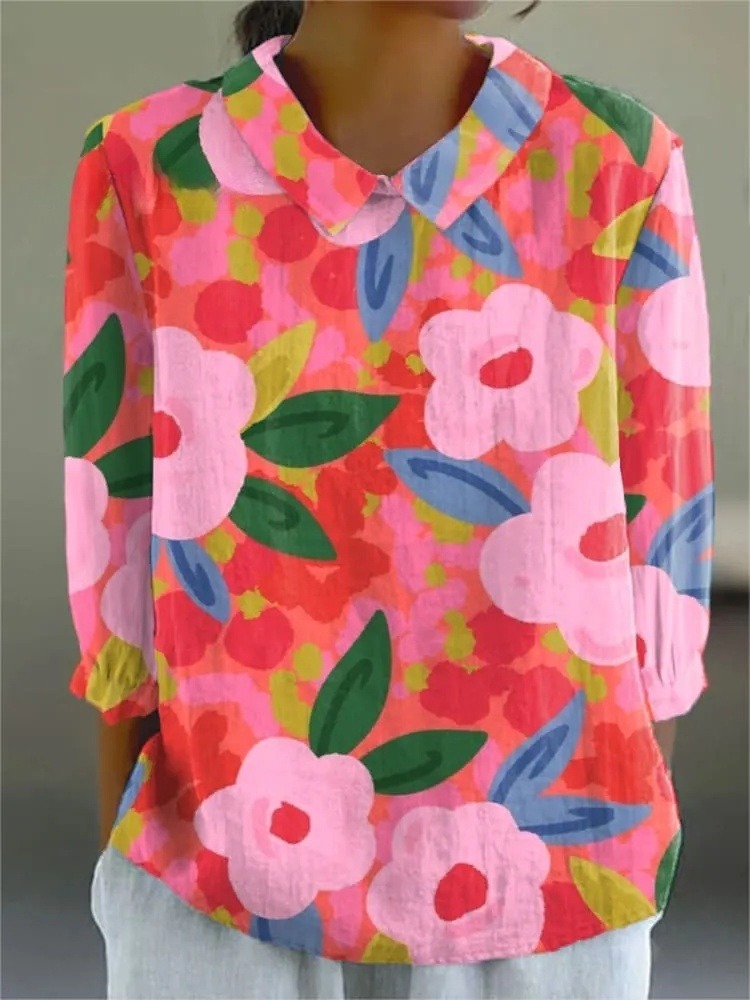 Women's Vintage Floral Art Print Casual 3/4 Sleeve Shirt