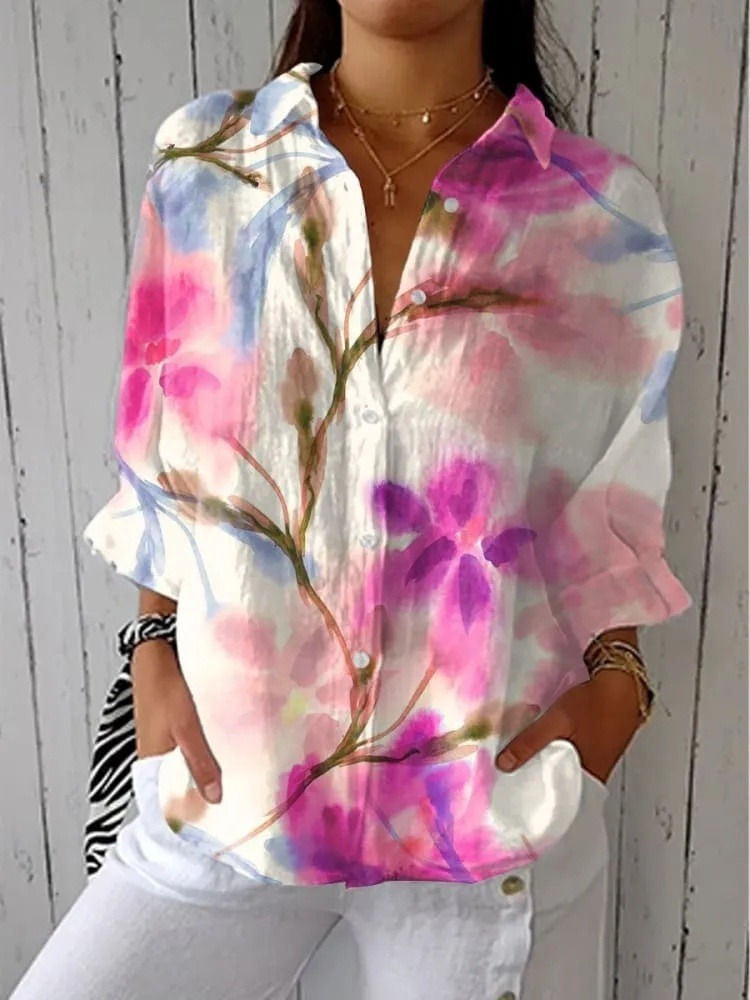 Women's  Fresh Flowers Art Print Casual V-neck Shirt