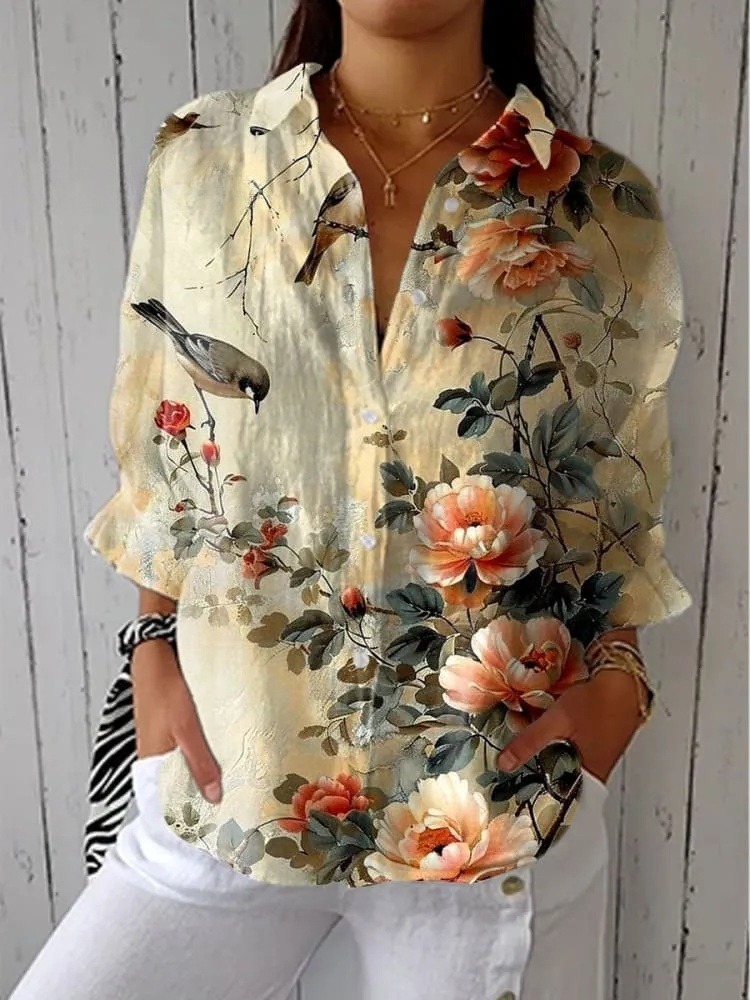 Women's  Vintage Flowers Art Print Casual V-neck Shirt