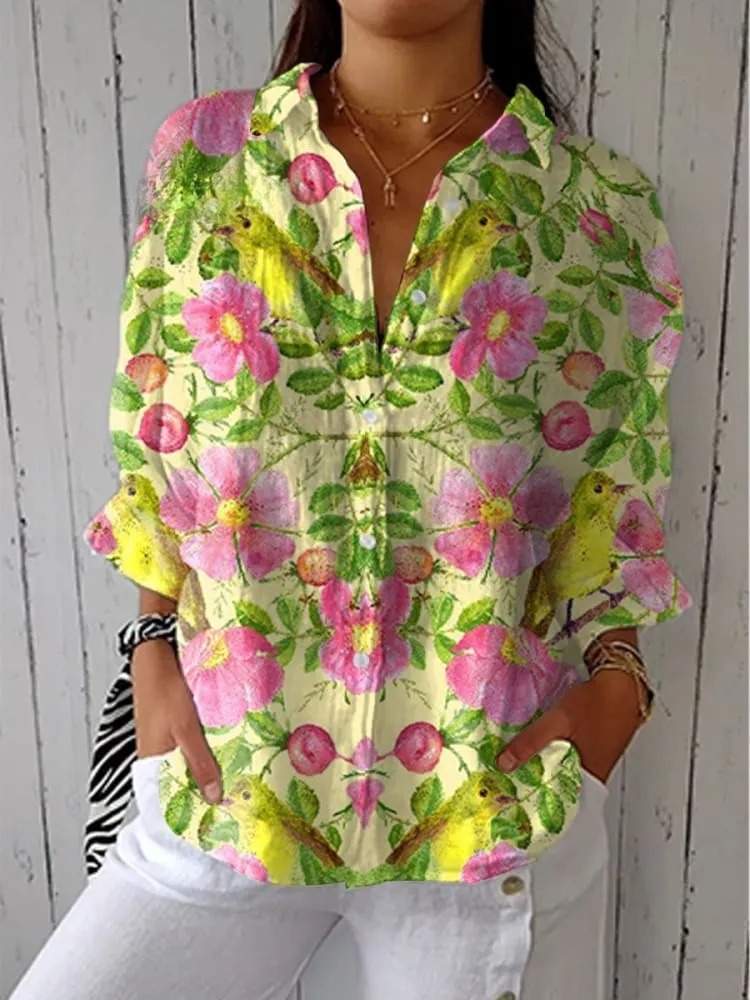 Women's Vintage Floral Art Print Casual V-neck Shirt