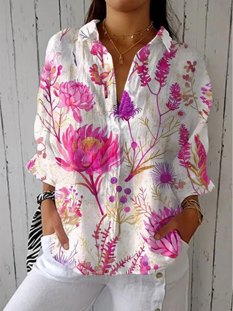 Women's Vintage Floral Art Print Casual Cotton V-neck Shirt