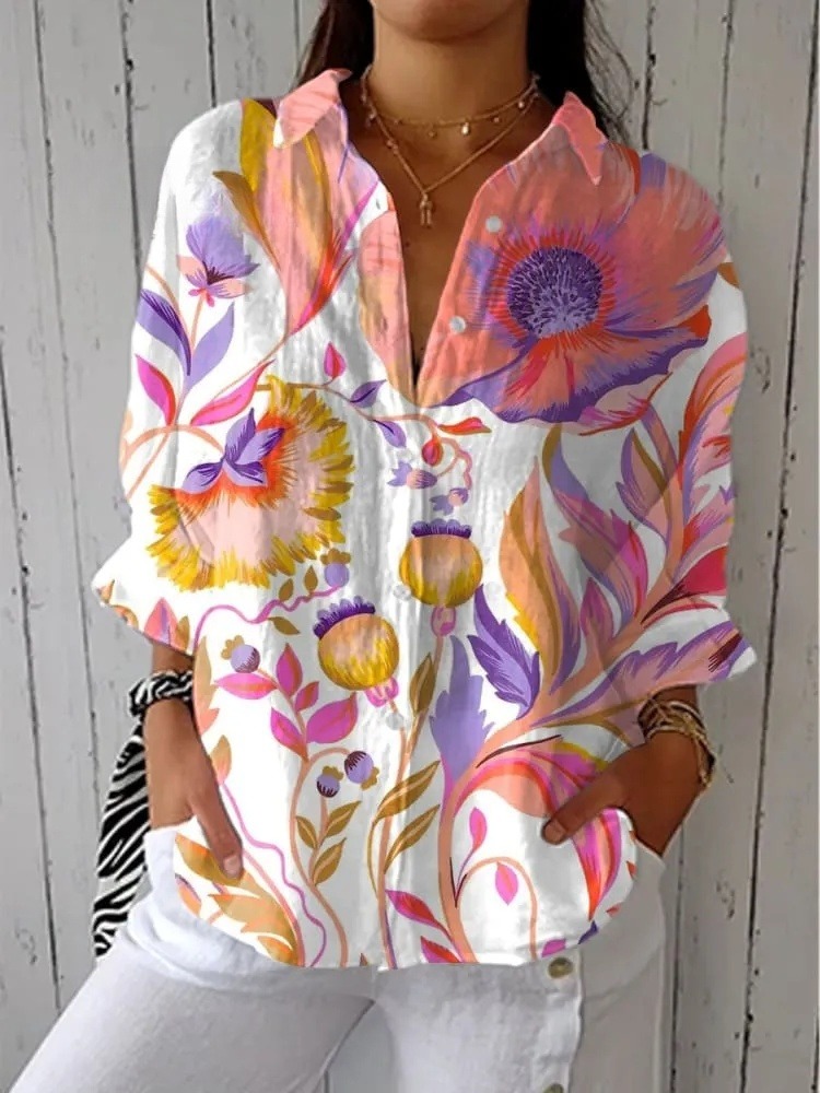 Women's Vintage Floral Art Print Casual V-neck Shirt