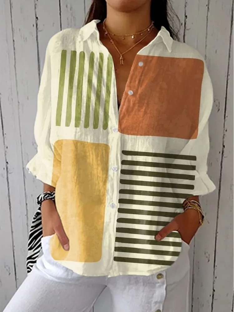 Women's Vintage Abstract Geometric Art  Print Casual V-neck Shirt