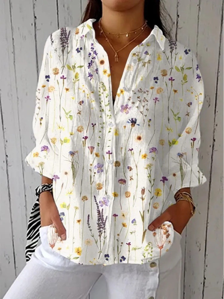 Women's Vintage Flowers Art Print Casual V-neck Shirt