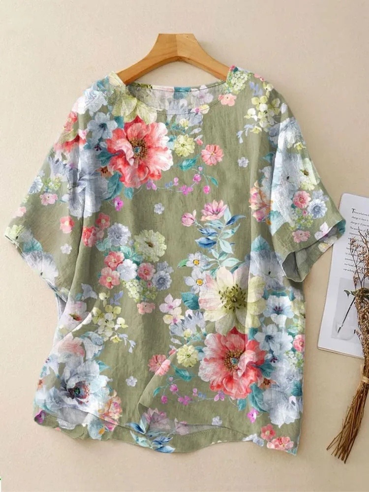 Women's  Vintage Flowers Art Print Casual Crew Neck Shirt