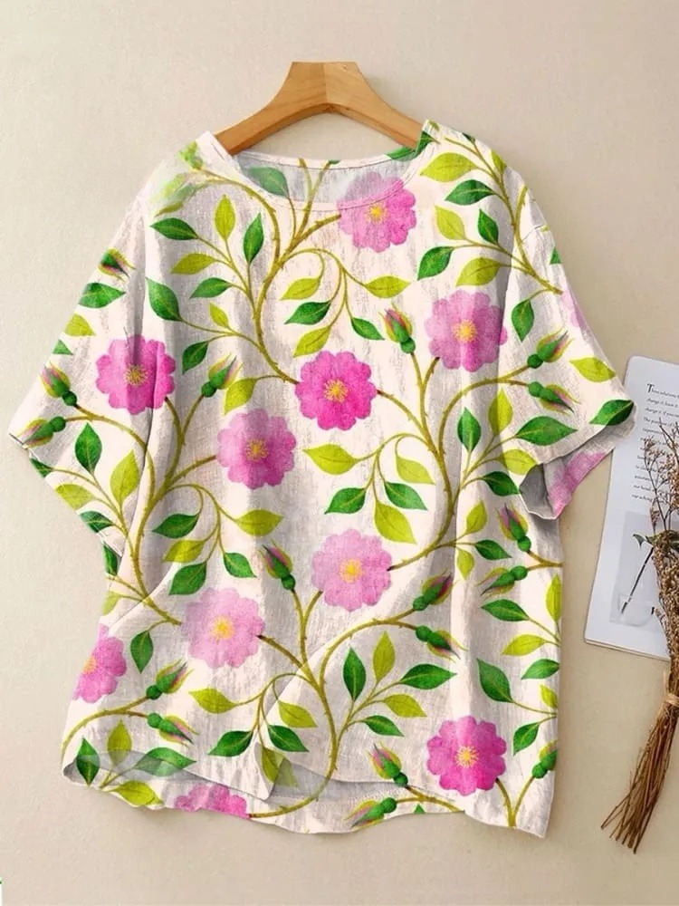 Women's  Vintage Flowers Art Print  Casual Crew Neck Shirt