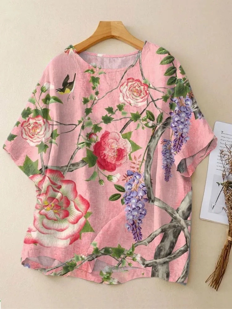 Women's  Vintage Flowers Art Print  Casual Linen Crew Neck Shirt