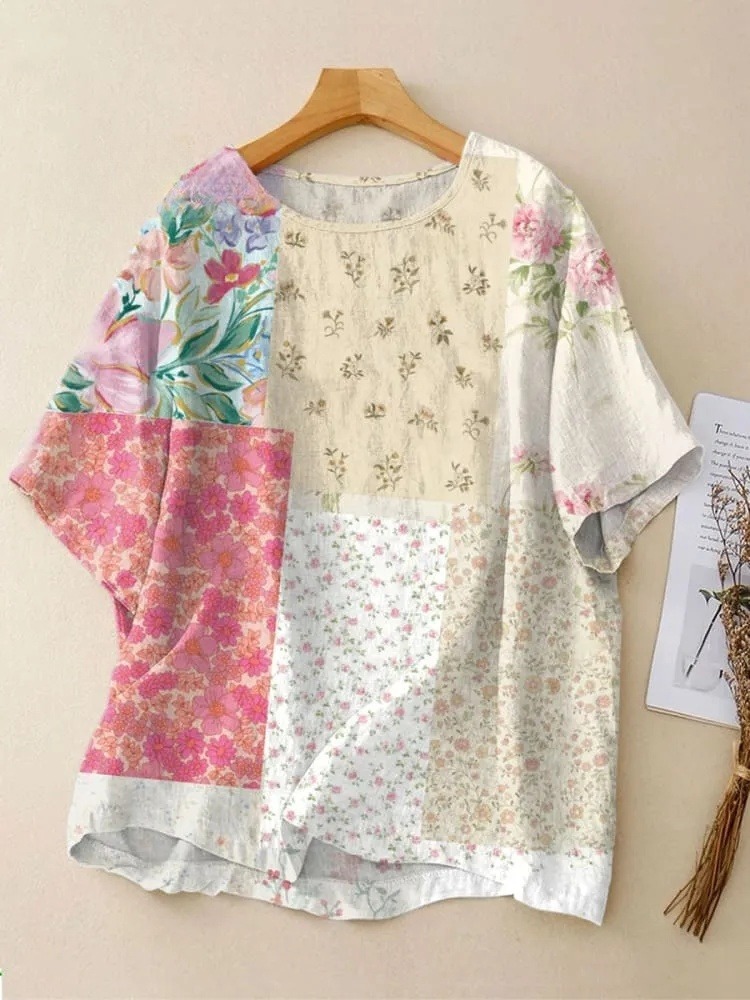 Women's  Vintage Flowers Art Print  Casual Crew Neck Shirt