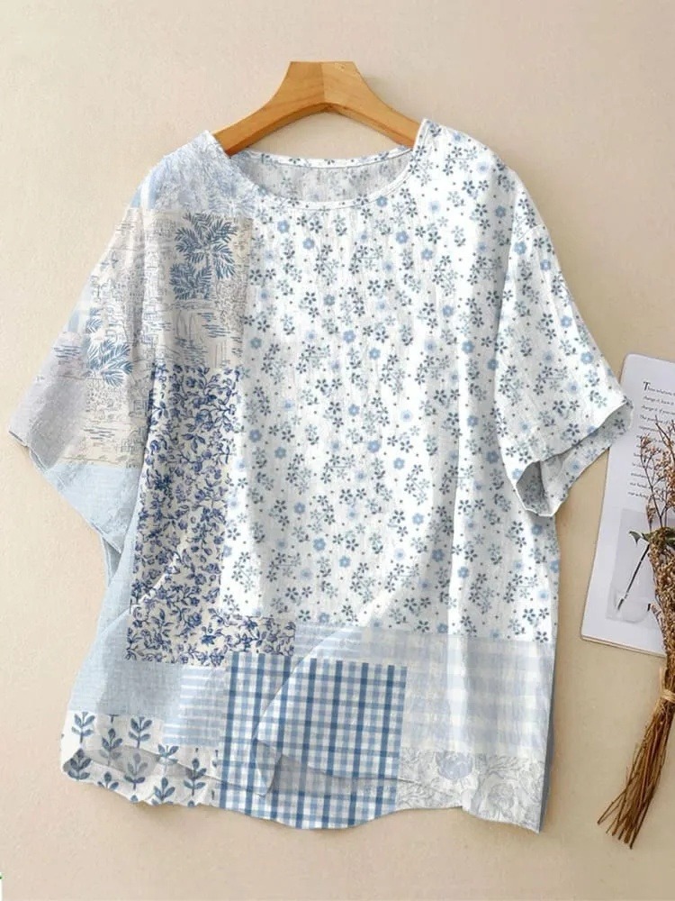 Women's  Vintage Flowers Art Print  Casual Crew Neck Shirt