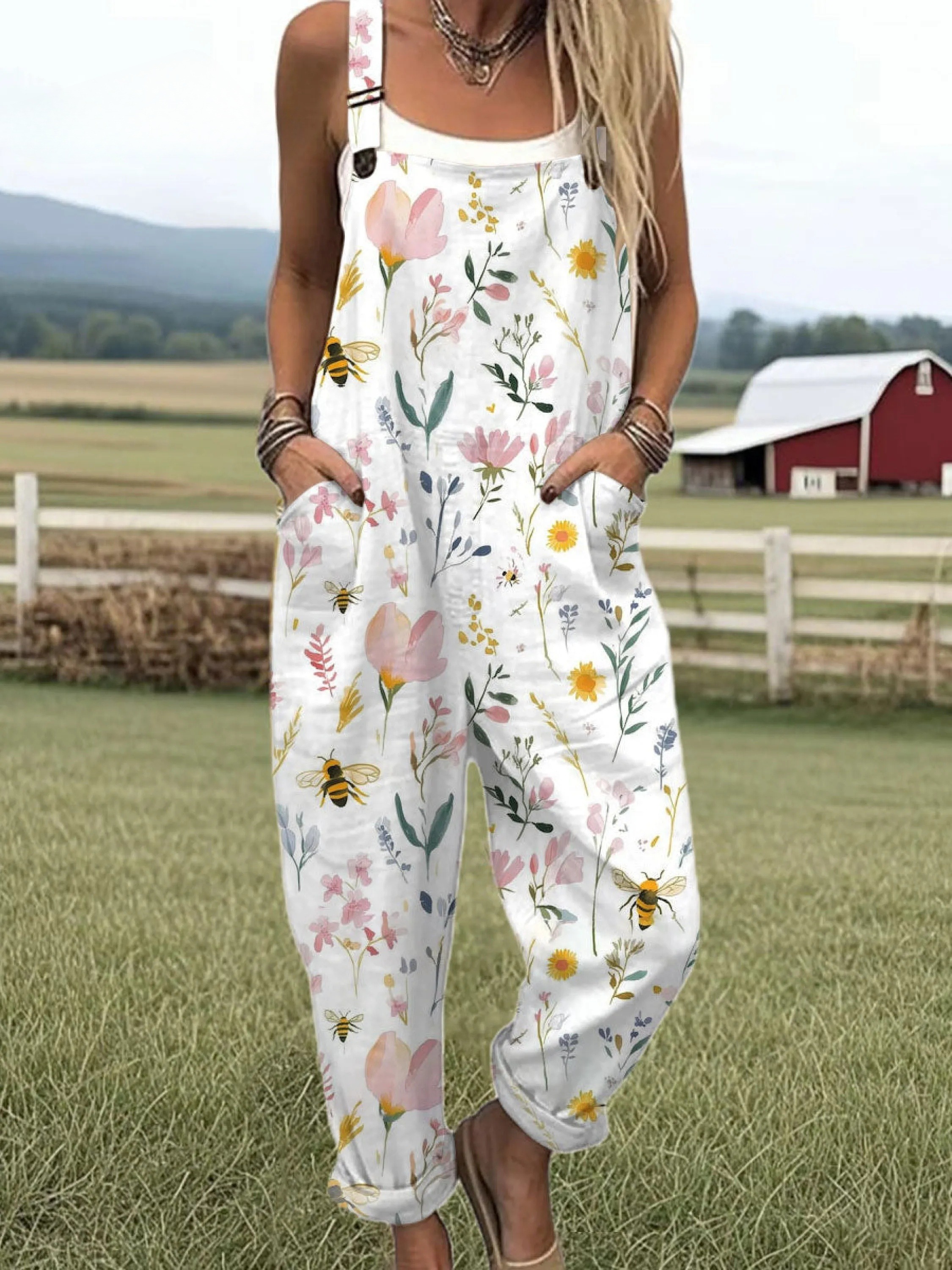 Women's Vintage Floral Bee Art Print Casual 100% Cotton Wide Leg Jumpsuit