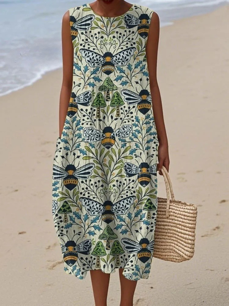 Women's Vintage Bee Floral Art Print Sleeveless Cotton Pocket Wrap Dress