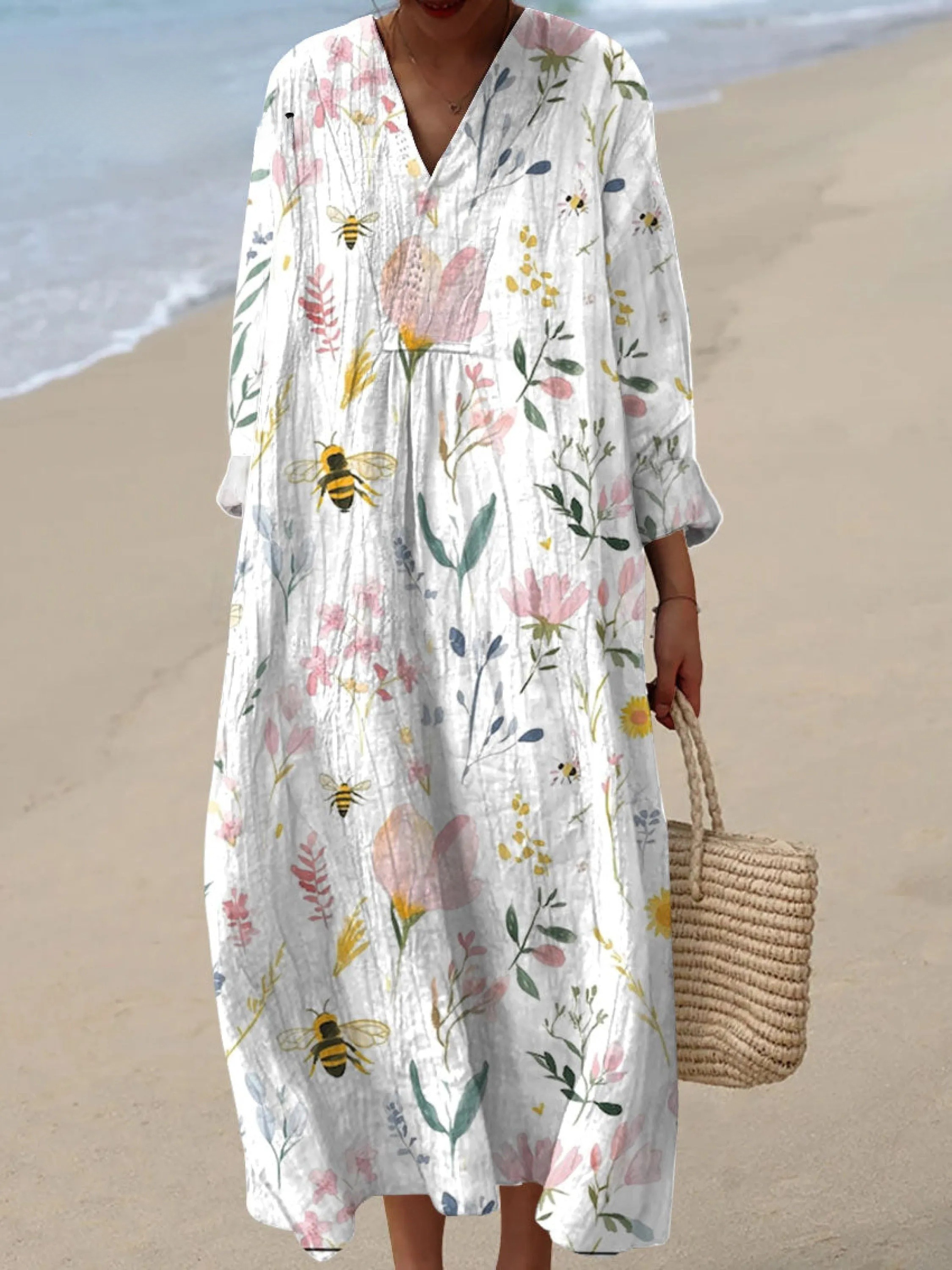 Women's Vintage Bee Floral Art Print Dress