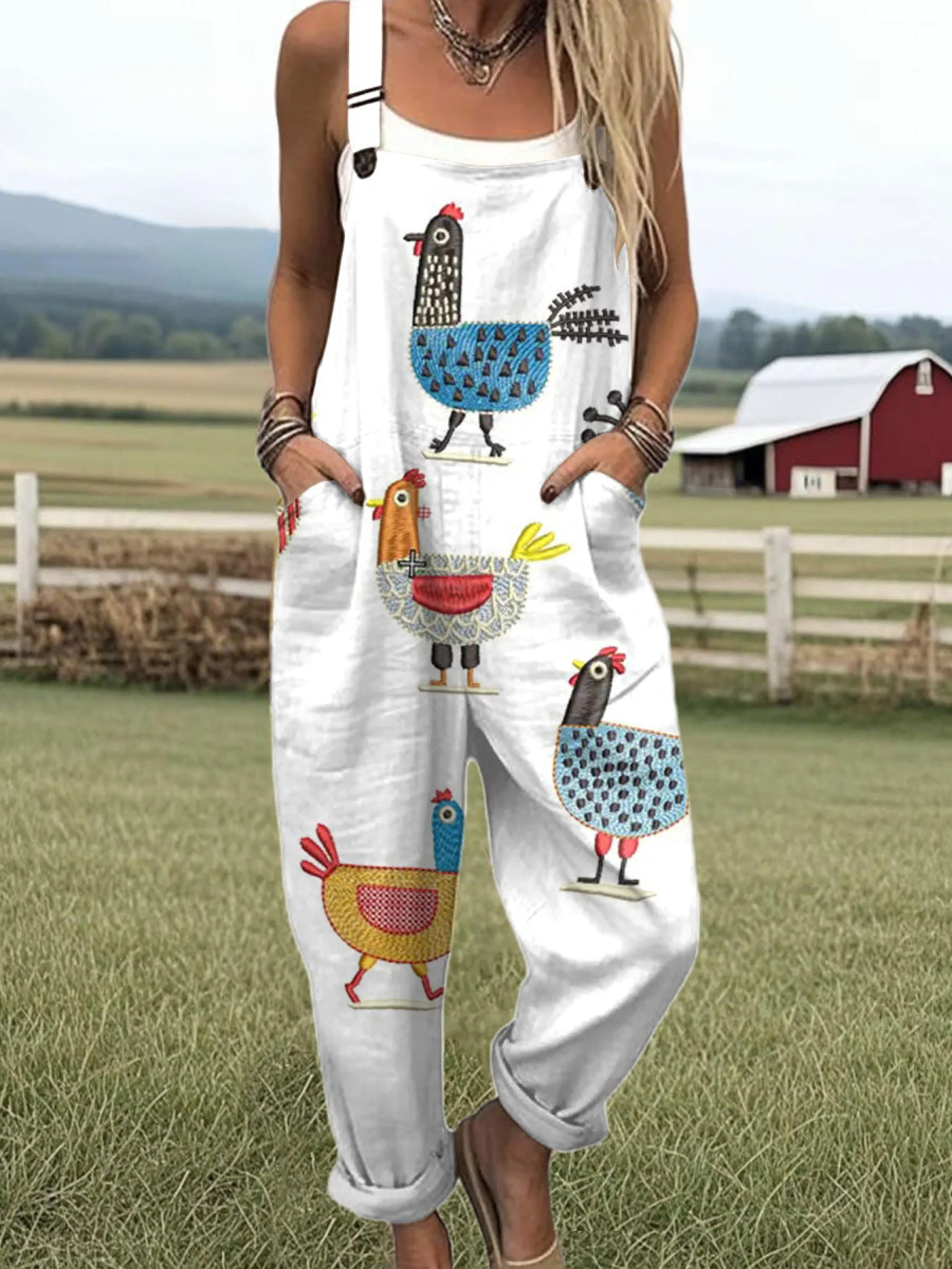 Women's  Funny Chick Art Print Casual 100% Cotton Wide Leg Jumpsuit