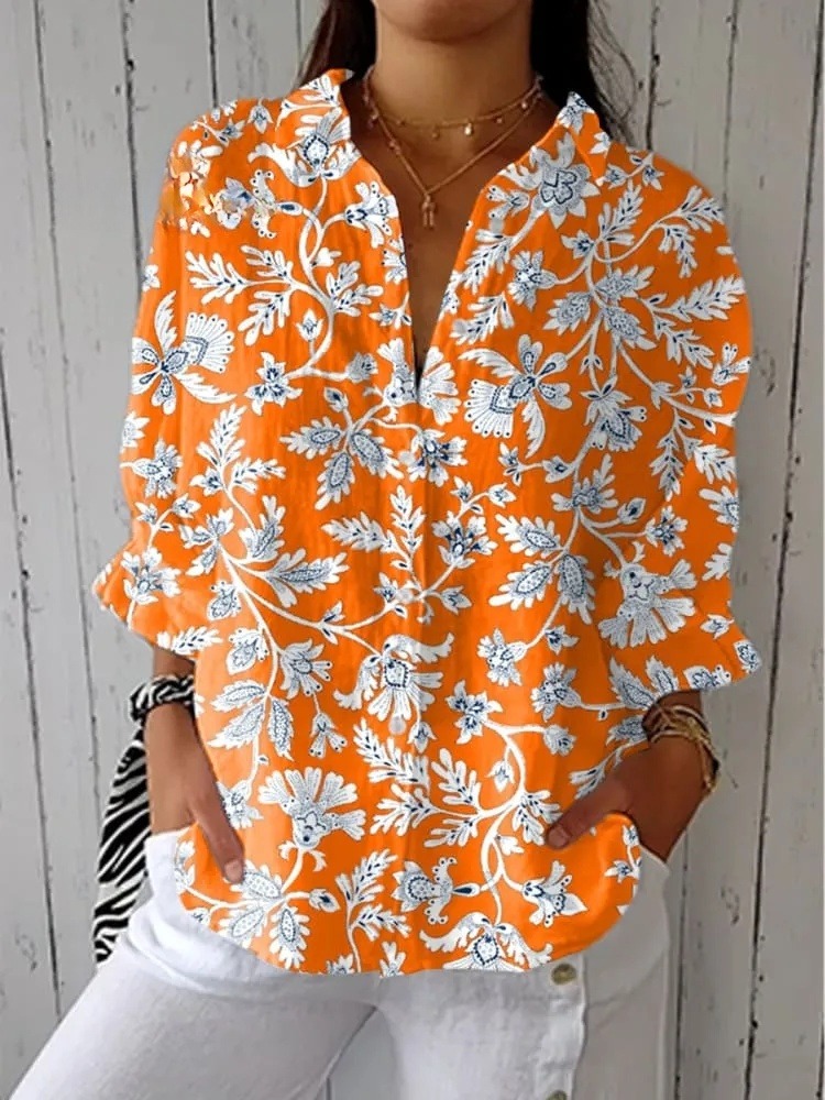 Women's  Vintage Floral Art Print Casual V-neck Shirt