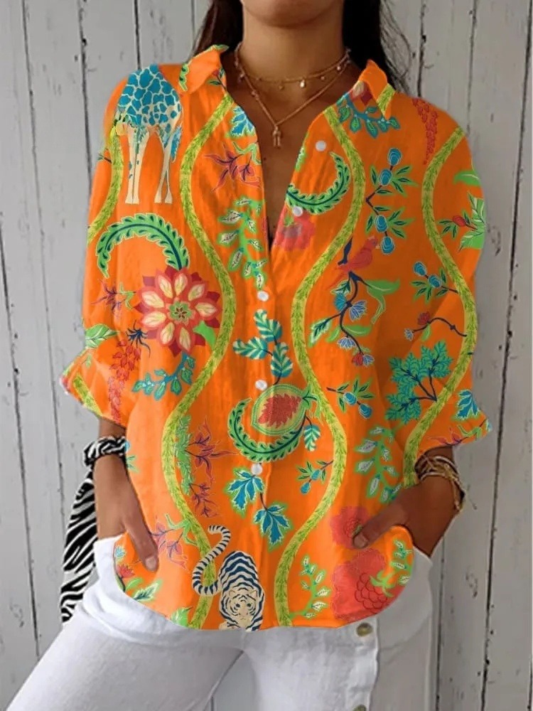 Women's  Vintage Floral Art Print Casual V-neck Shirt