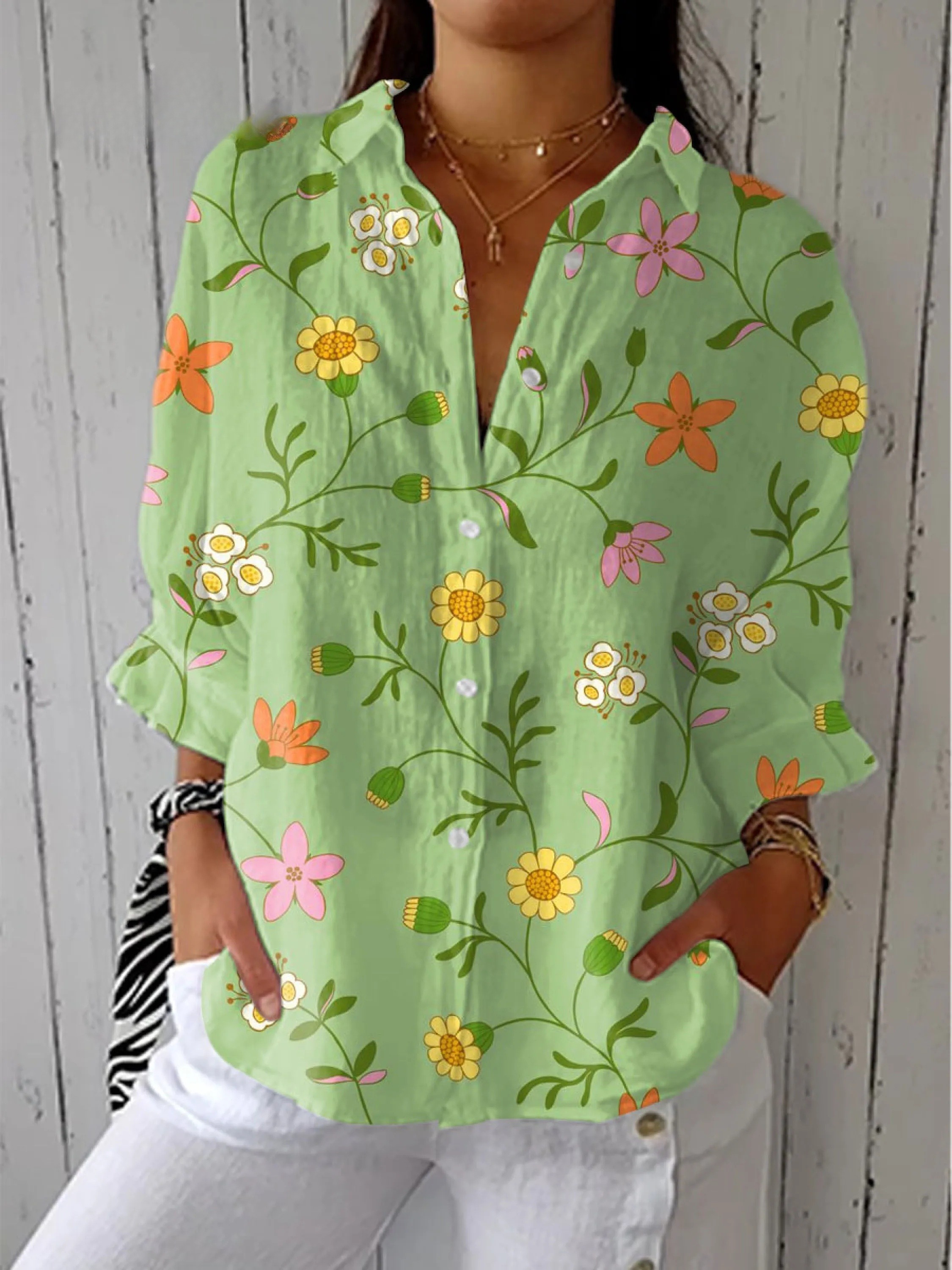 Women's  Vintage Floral Art Print Casual V-neck Shirt