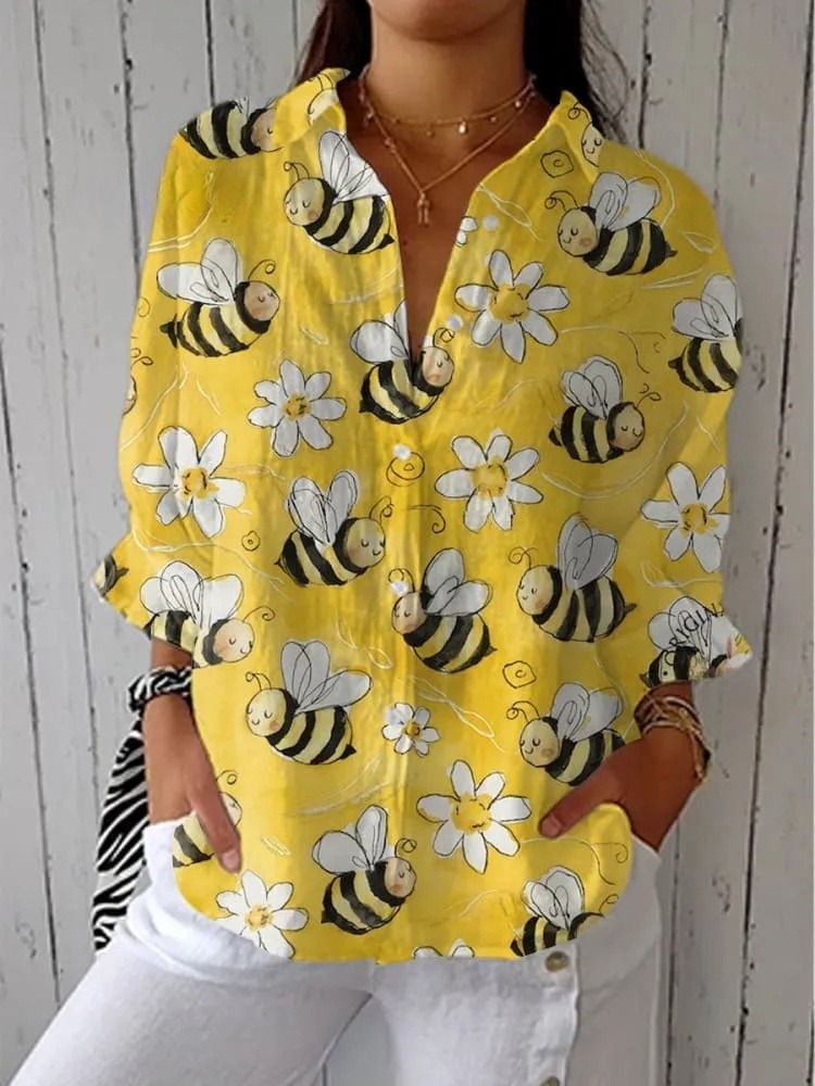 Women's  Vintage Bee Flower Art Print Casual V-neck Shirt