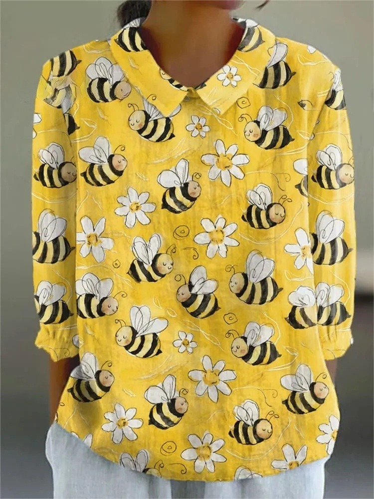 Women's Vintage Bee Flower Art Print  Casual 3/4 Sleeve Shirt
