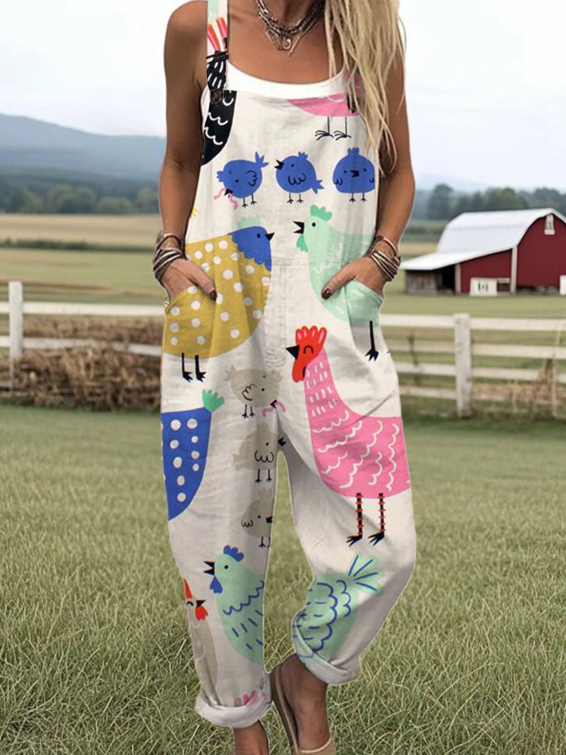 Women's  Vintage  Funny Chicken Art Print Casual 100% Cotton Wide Leg Jumpsuit