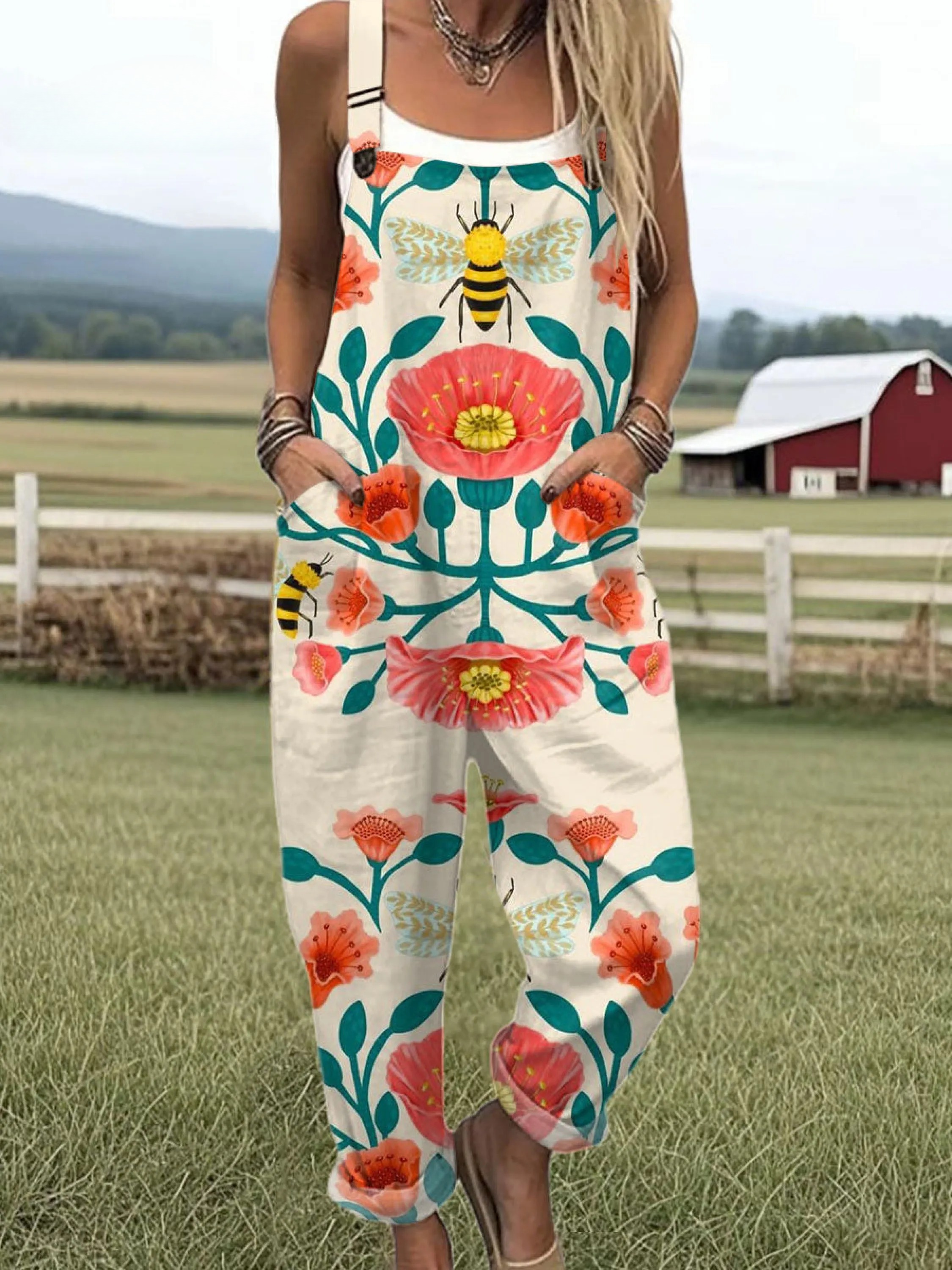 Women's  Vintage Bee Floral Art Print Casual Cotton Wide Leg Jumpsuit