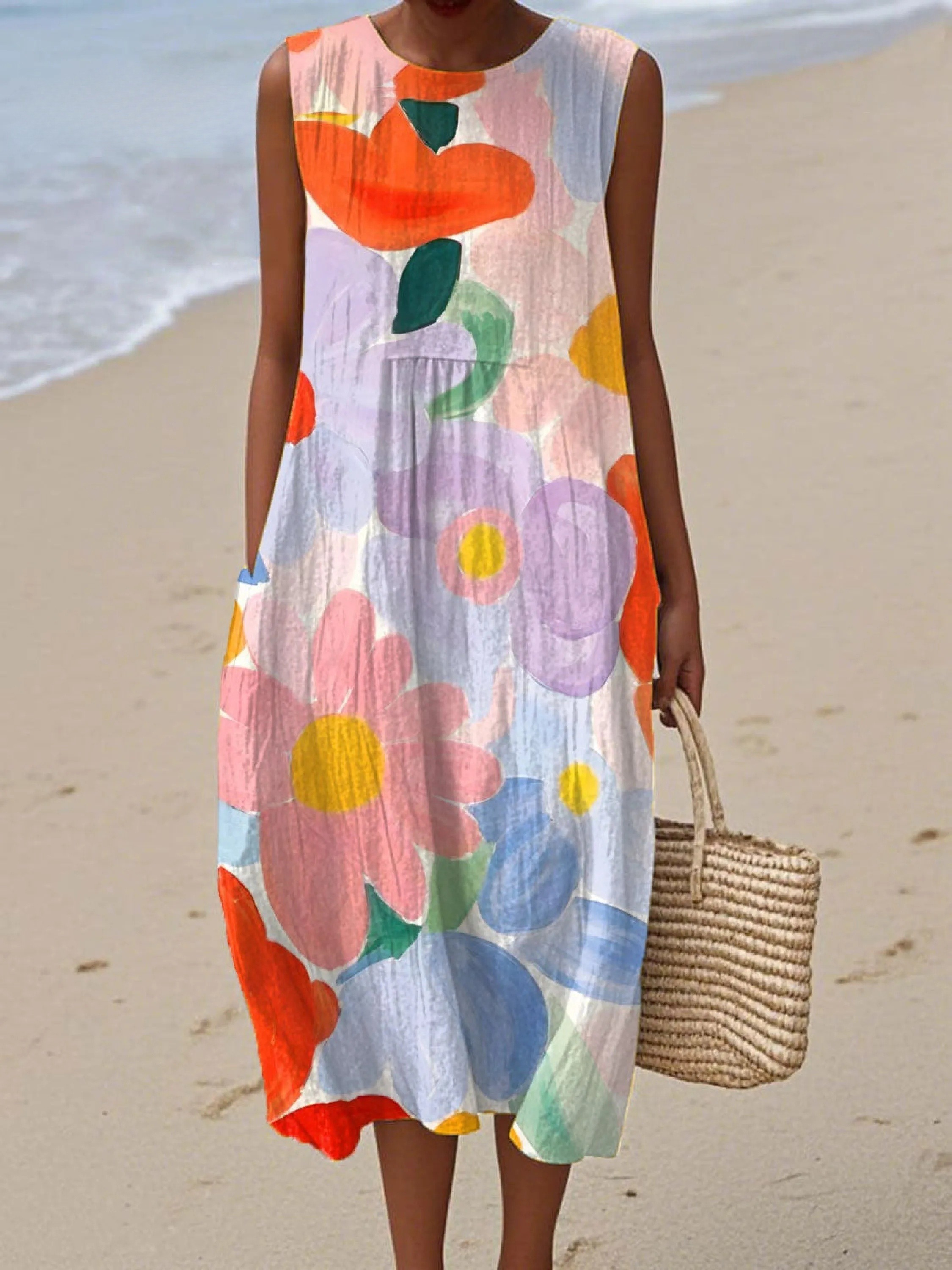 Women's  Vintage Floral Art Print Sleeveless Cotton Pocket Wrap Dress