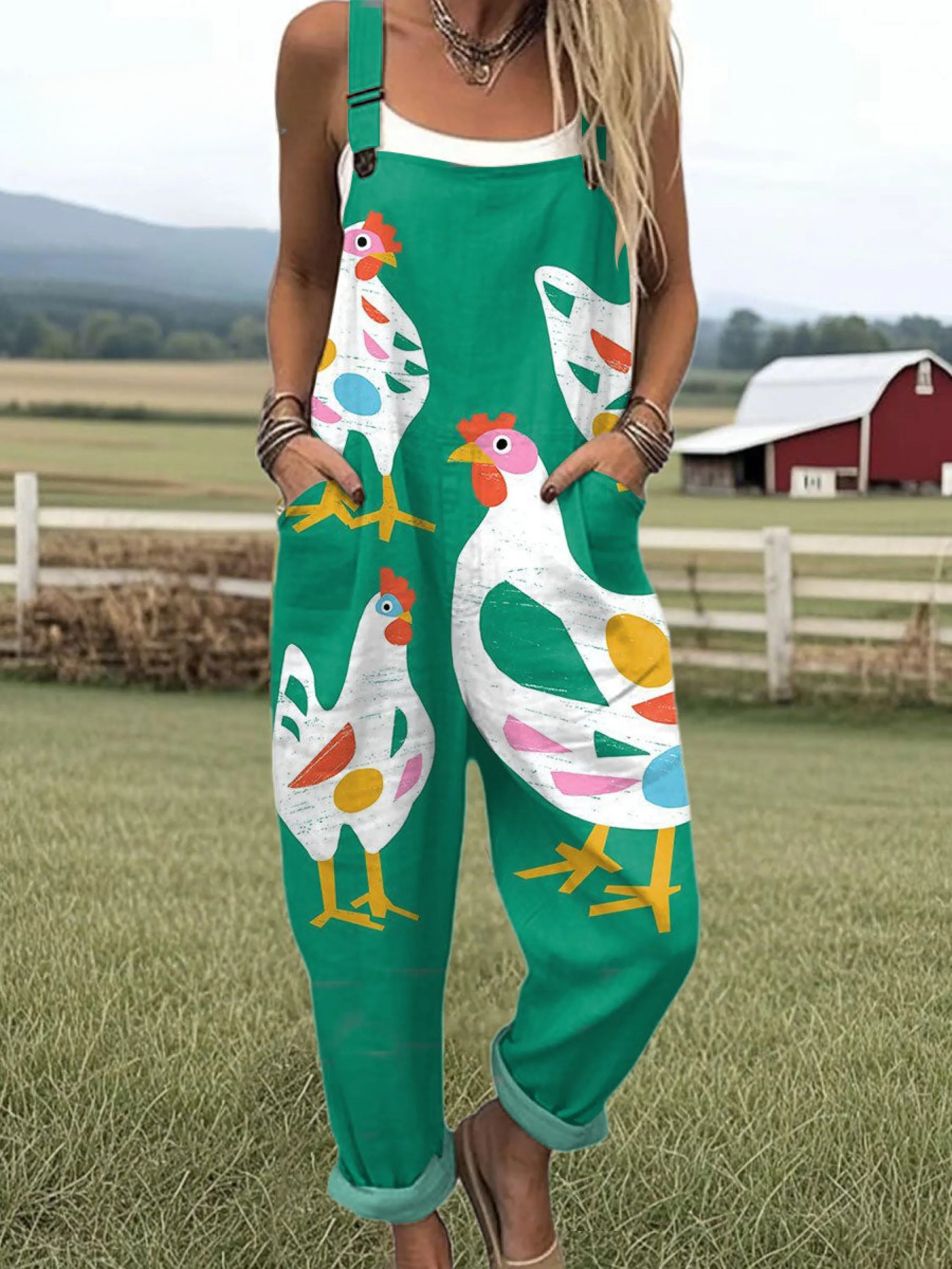 Women's  Funny Chick Art Print Casual 100% Cotton Wide Leg Jumpsuit