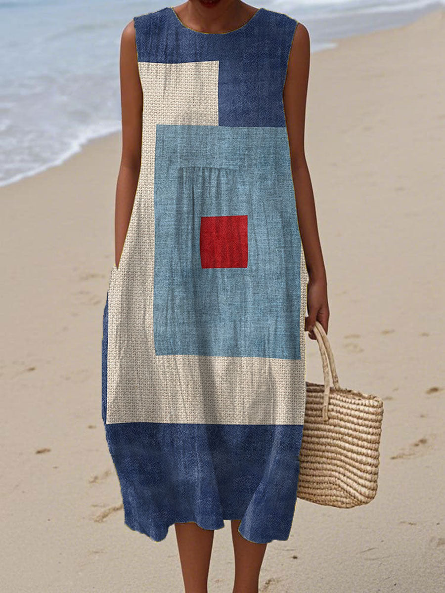 Women's  Vintage Abstract Geometric Art Print Sleeveless Cotton Pocket Wrap Dress