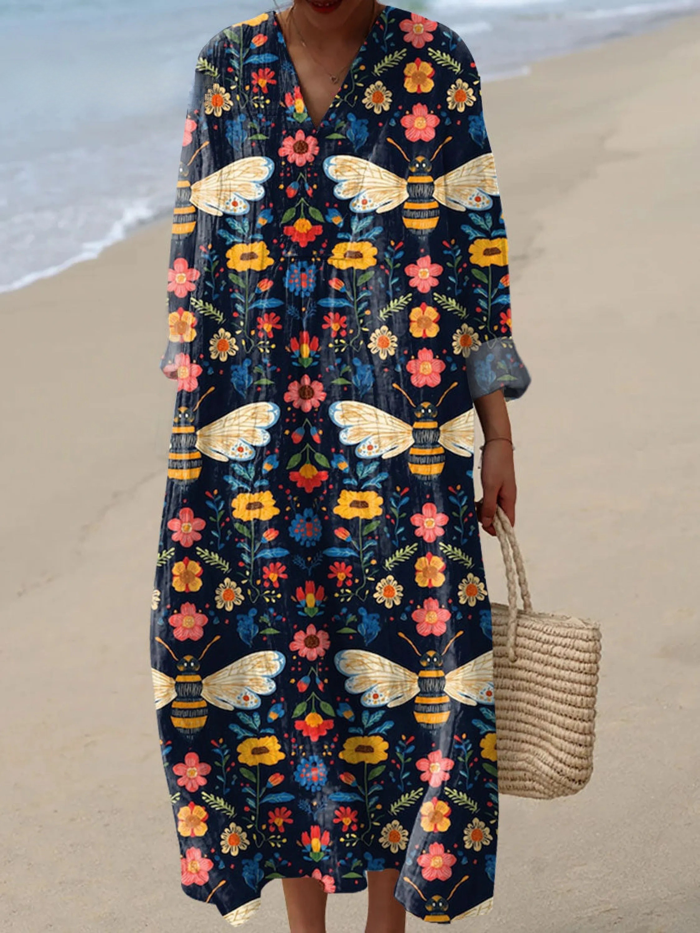 Women's Vintage Symmetrical Flowers Bee Art Print Dress