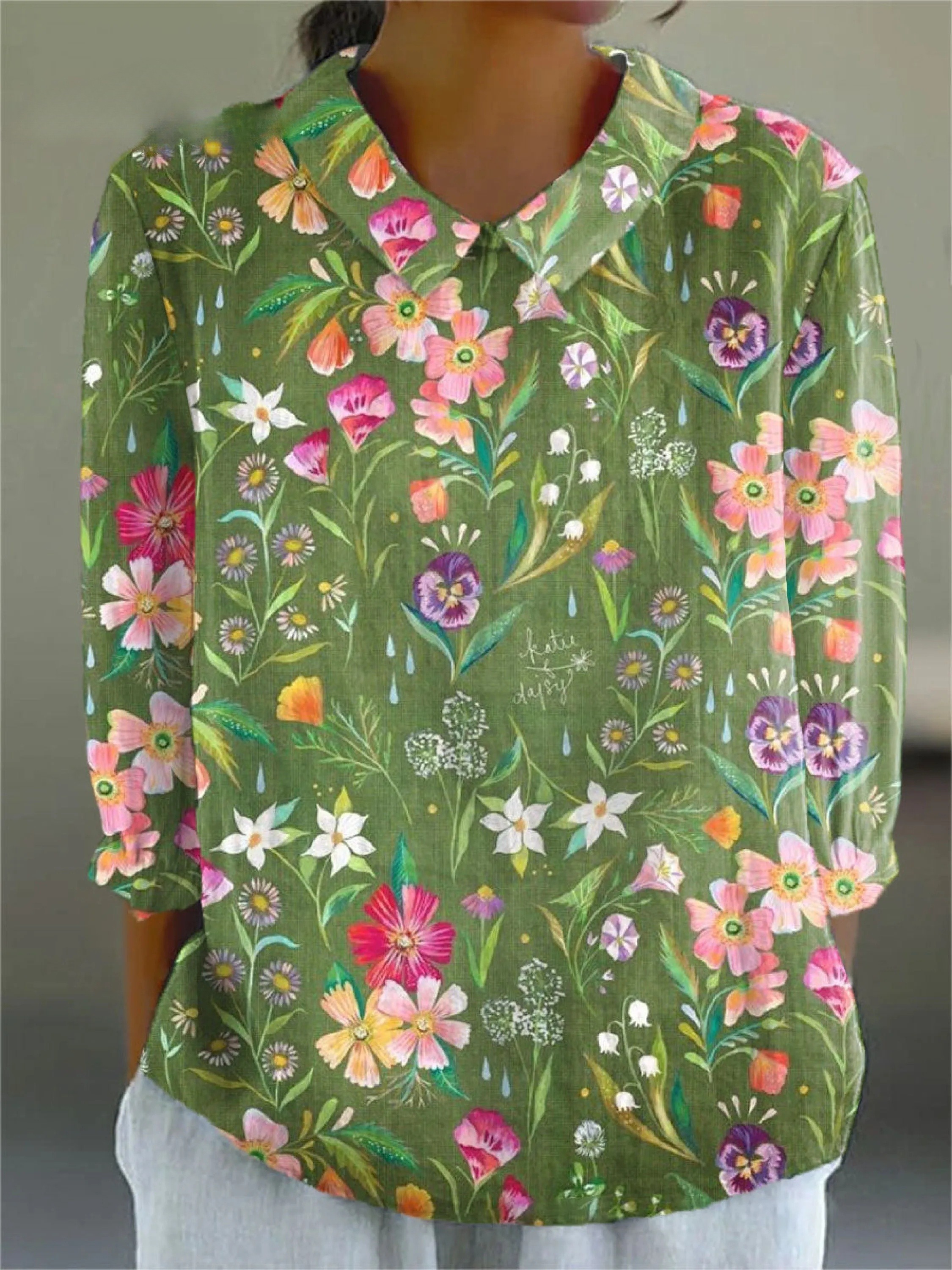 Women's Vintage Flower Art Print Casual 3/4 Sleeve Shirt