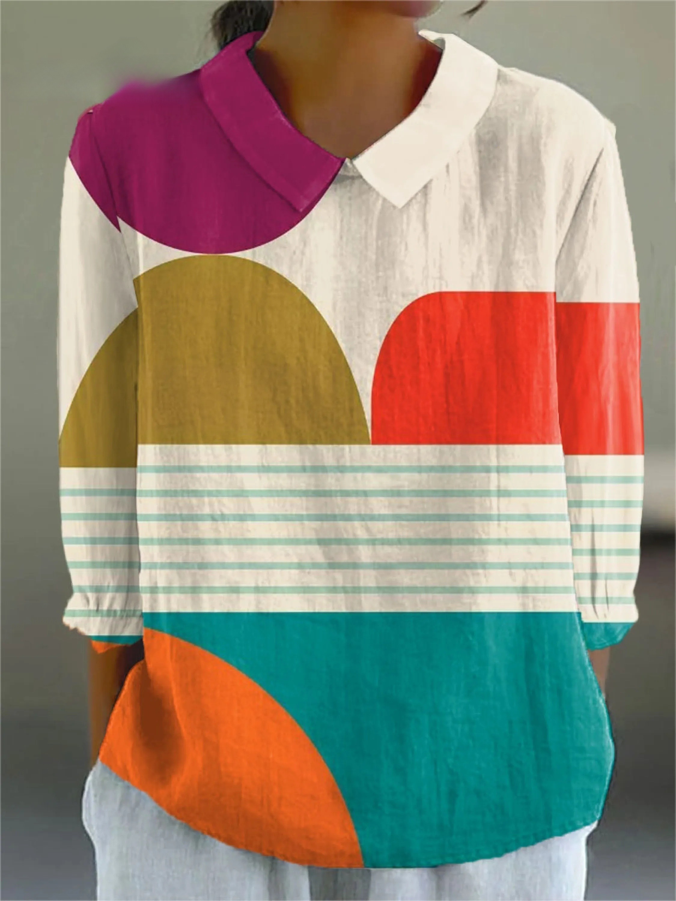 Women's Vintage Abstract Geometric  Art Print Casual 3/4 Sleeve Shirt