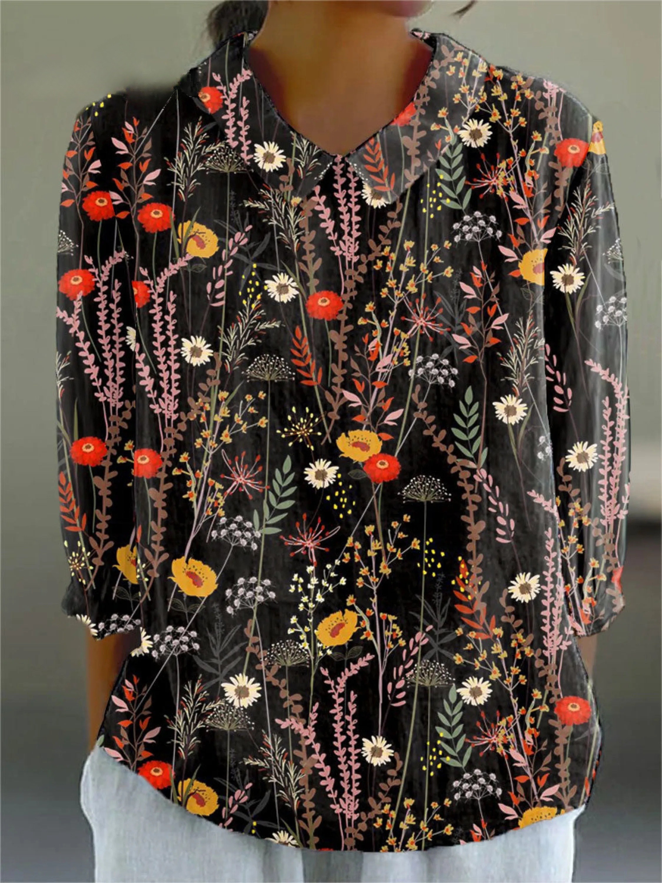 Women's Vintage Flower Art Print  Casual 3/4 Sleeve Shirt